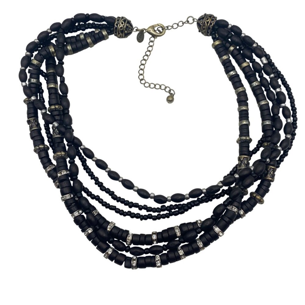 Chicos Signed Multi Strand Black Wood Bead Statement Necklace Rhinestone Boho - Picture 2 of 8